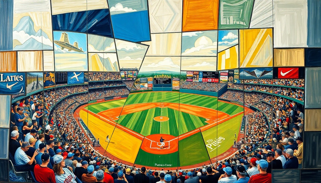 A cubist-style painting depicting a baseball game or match, with the players and field broken down into sharp, overlapping geometric shapes and planes, capturing the dynamic energy and multiple perspectives of the sport.