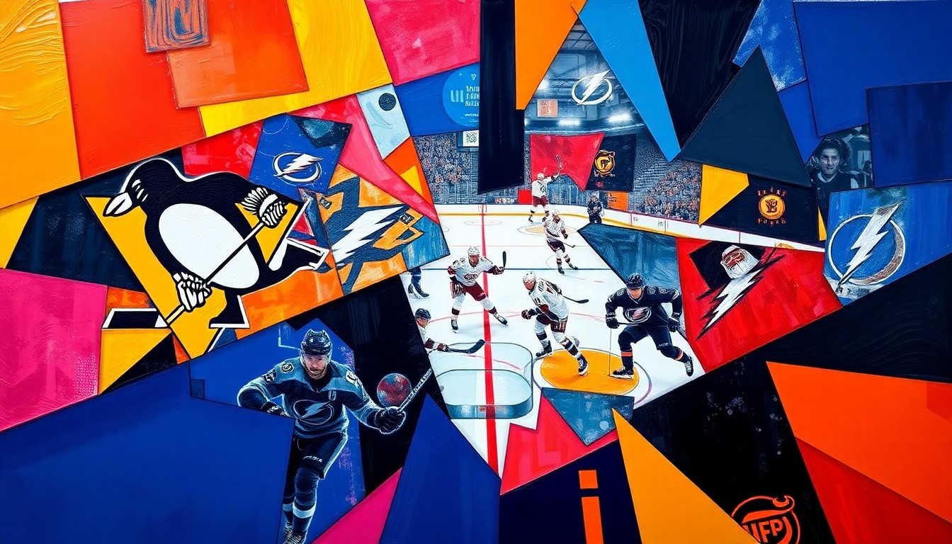 A fractured, geometric painting in vibrant blues, golds, and blacks, depicting the dynamic movements and opposing forces of a hockey game in an abstract, deconstructed style.