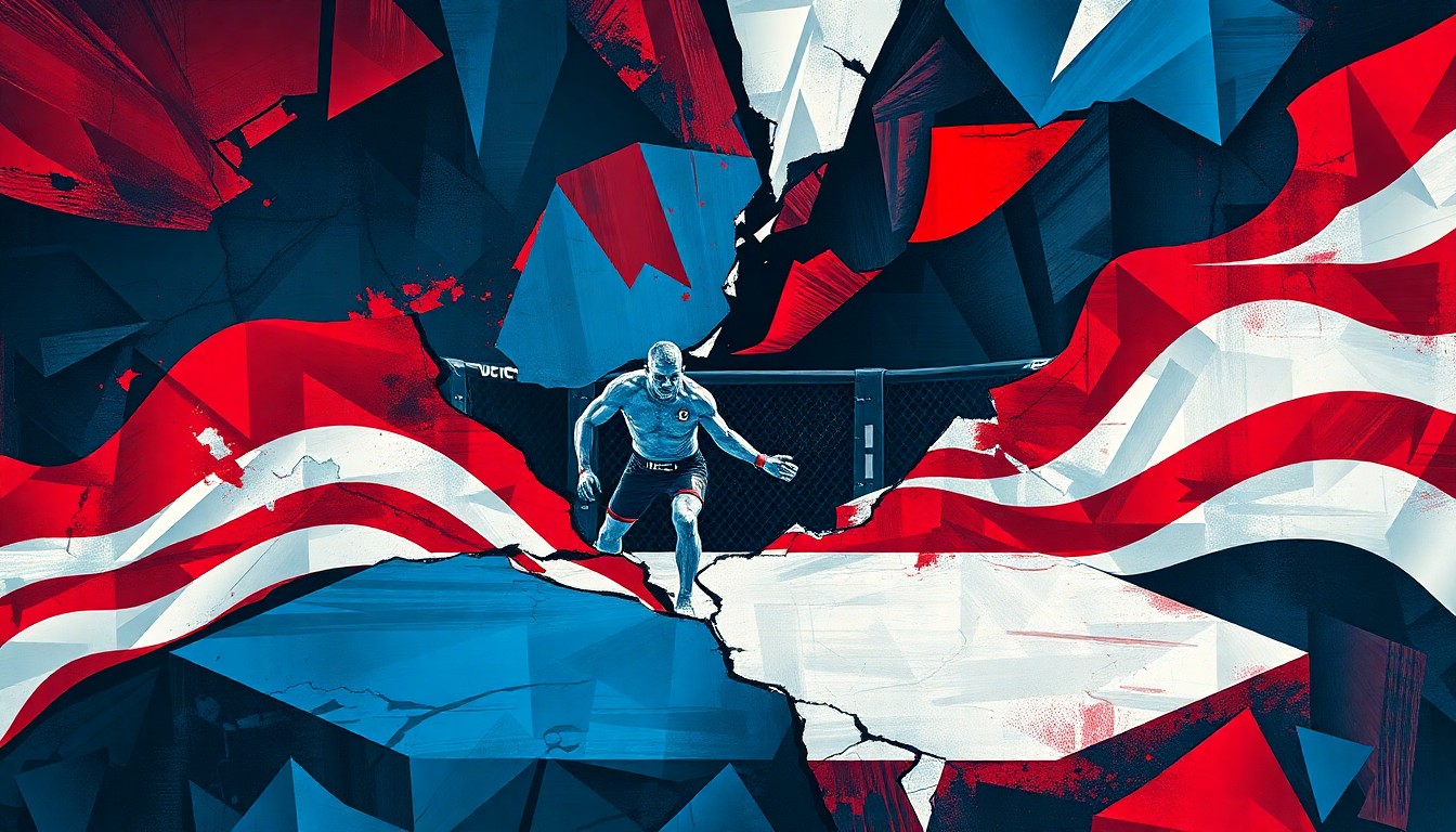 A dynamic, abstract painting featuring overlapping, fractured shapes and waves of red, white, and blue, representing the collision of global negotiations and a high-profile sporting event.