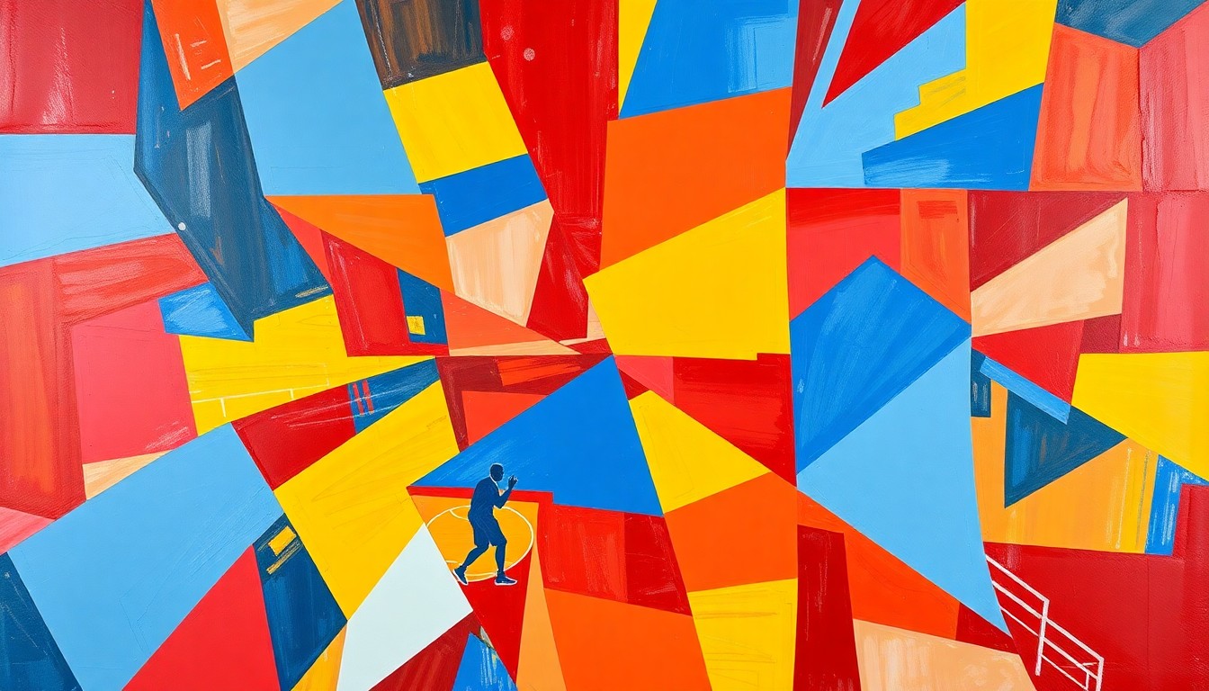 A cubist, geometric painting depicting a fragmented WNBA basketball game, with overlapping planes of red, blue, and yellow creating a dynamic, abstract representation of the sport.