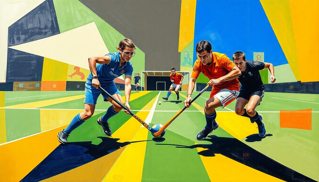 A cubist, geometric painting depicting an abstracted field hockey match, with angular shapes and overlapping planes representing the players, ball, and field lines.