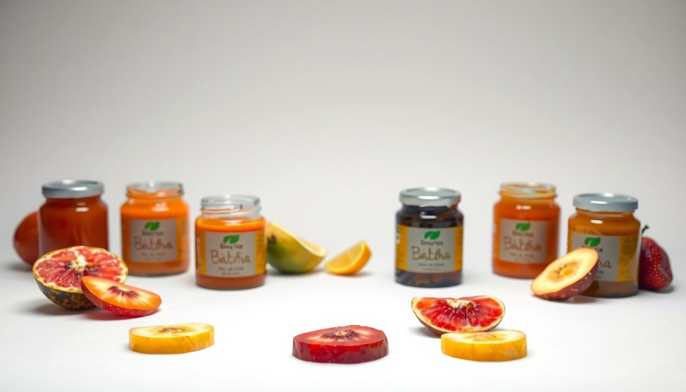 A high-end, photorealistic studio still-life photograph featuring a collection of premium, polished glass baby food jars and organic fruit slices arranged elegantly on a clean, white seamless background, conceptually representing the quality and healthy mission of Once Upon a Farm's products.