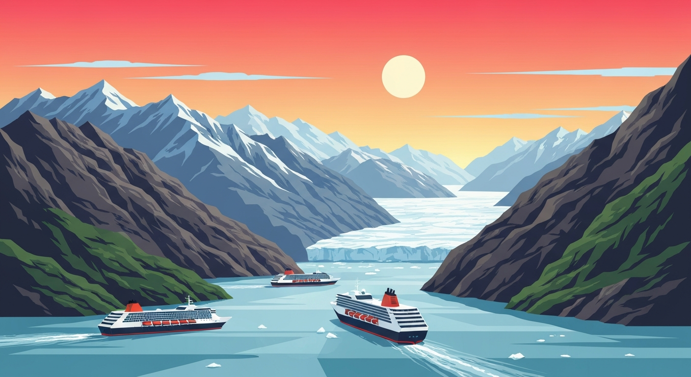 A bold, geometric illustration depicting the towering mountains and glaciers of an Alaskan fjord landscape, with sleek cruise ships navigating the waterways, conceptually representing the challenges of operating in this dynamic natural environment.