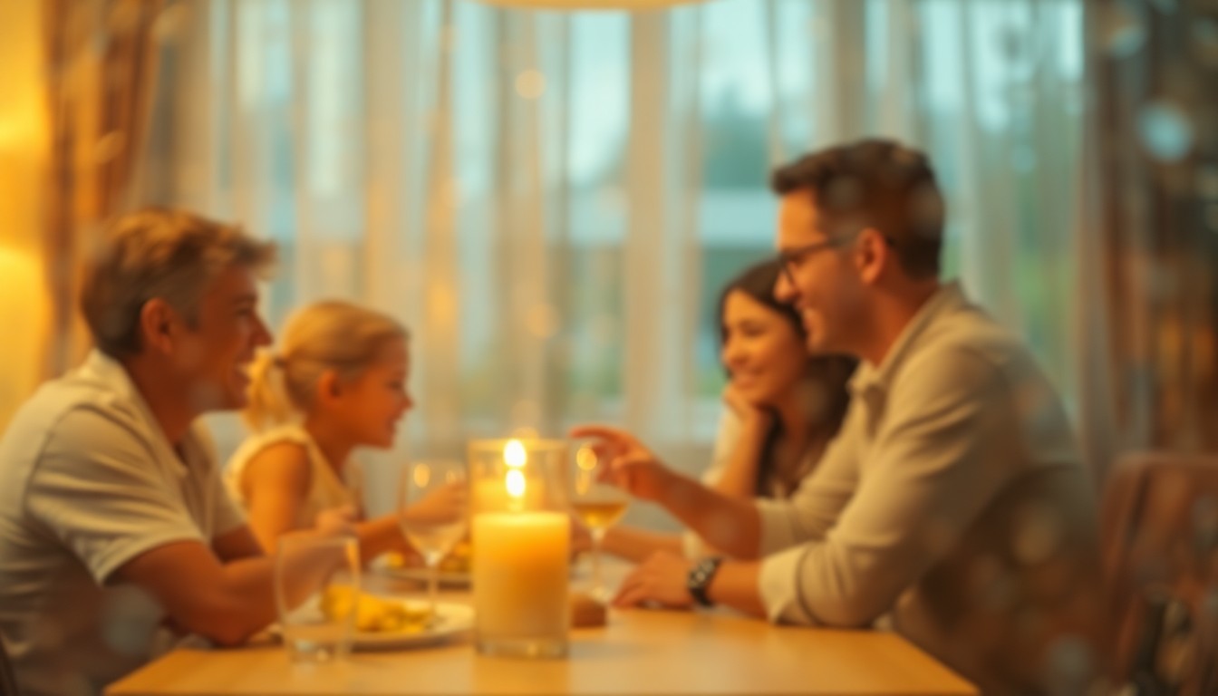 An abstract, out-of-focus scene of blurred figures and warm, hazy lighting, conveying the cozy atmosphere of a family gathering.