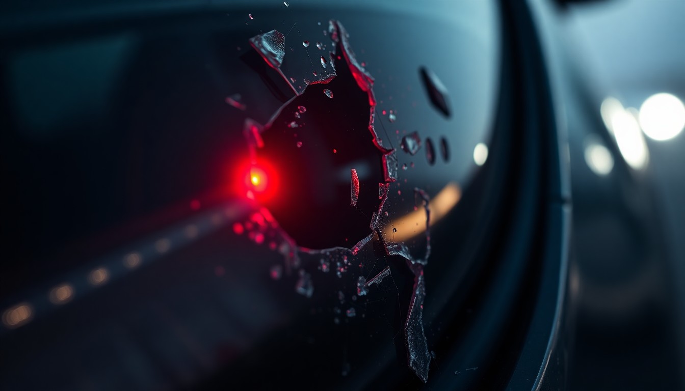 An extreme close-up of a shattered car sensor lens reflecting a faint red light, conceptually illustrating the vandalism of self-driving cars.