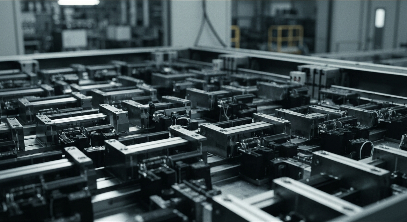 An extreme close-up of the gears, circuits, and mechanical parts that make up the complex machinery inside a semiconductor fabrication facility, captured in a high-contrast, industrial style that emphasizes the scale and technical precision of modern chip manufacturing.