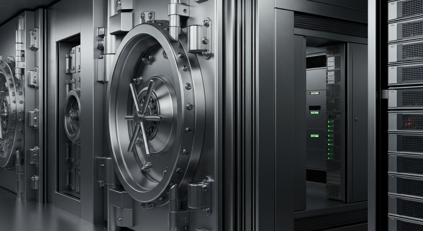 An extreme close-up of various heavy, metallic banking machines and equipment, including vault doors, security systems, and data servers, all in shades of steel grey, gunmetal, and chrome, conveying a sense of institutional power and financial infrastructure.