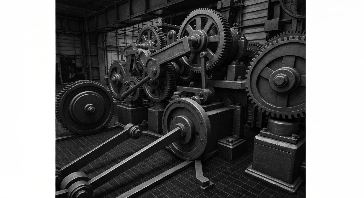 A high-contrast, cinematic close-up of the intricate gears, levers, and mechanisms that power a large, industrial financial trading platform, representing the secure infrastructure and institutional power of global markets.
