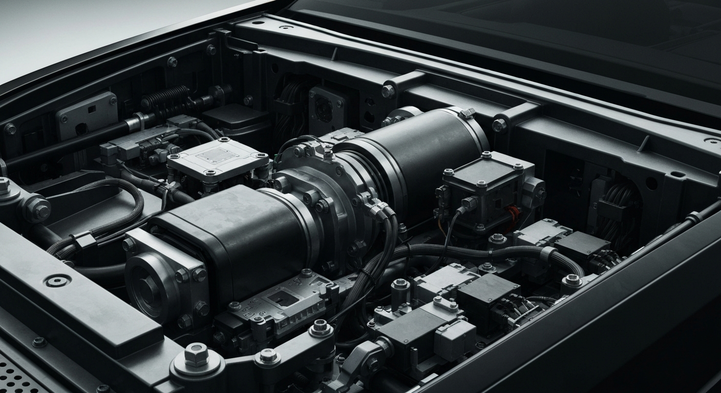 A high-contrast, close-up image of the internal mechanical components and sensors of an Uber self-driving car, conveying the complex technology powering the company's autonomous vehicle efforts.