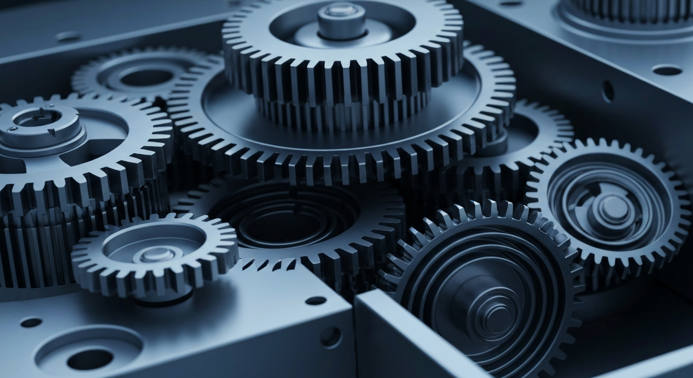 An extreme close-up of complex, interlocking metal gears and machinery, representing the sophisticated technology and manufacturing capabilities of a major semiconductor company.