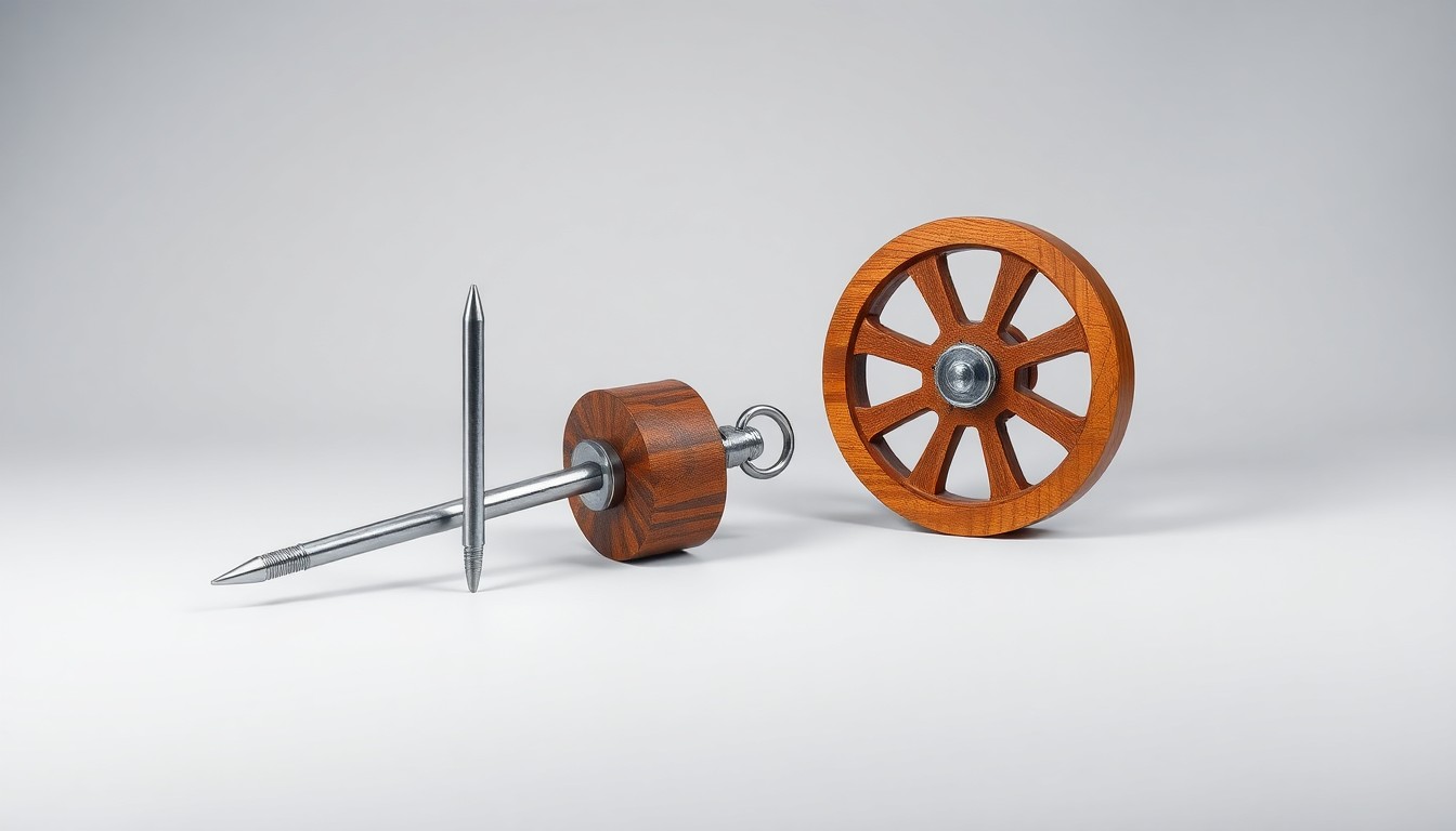 A high-end, photorealistic studio still-life photograph featuring polished metal, wood, and steel railroad components arranged elegantly on a clean, monochromatic background, conceptually representing the transportation and logistics industry.