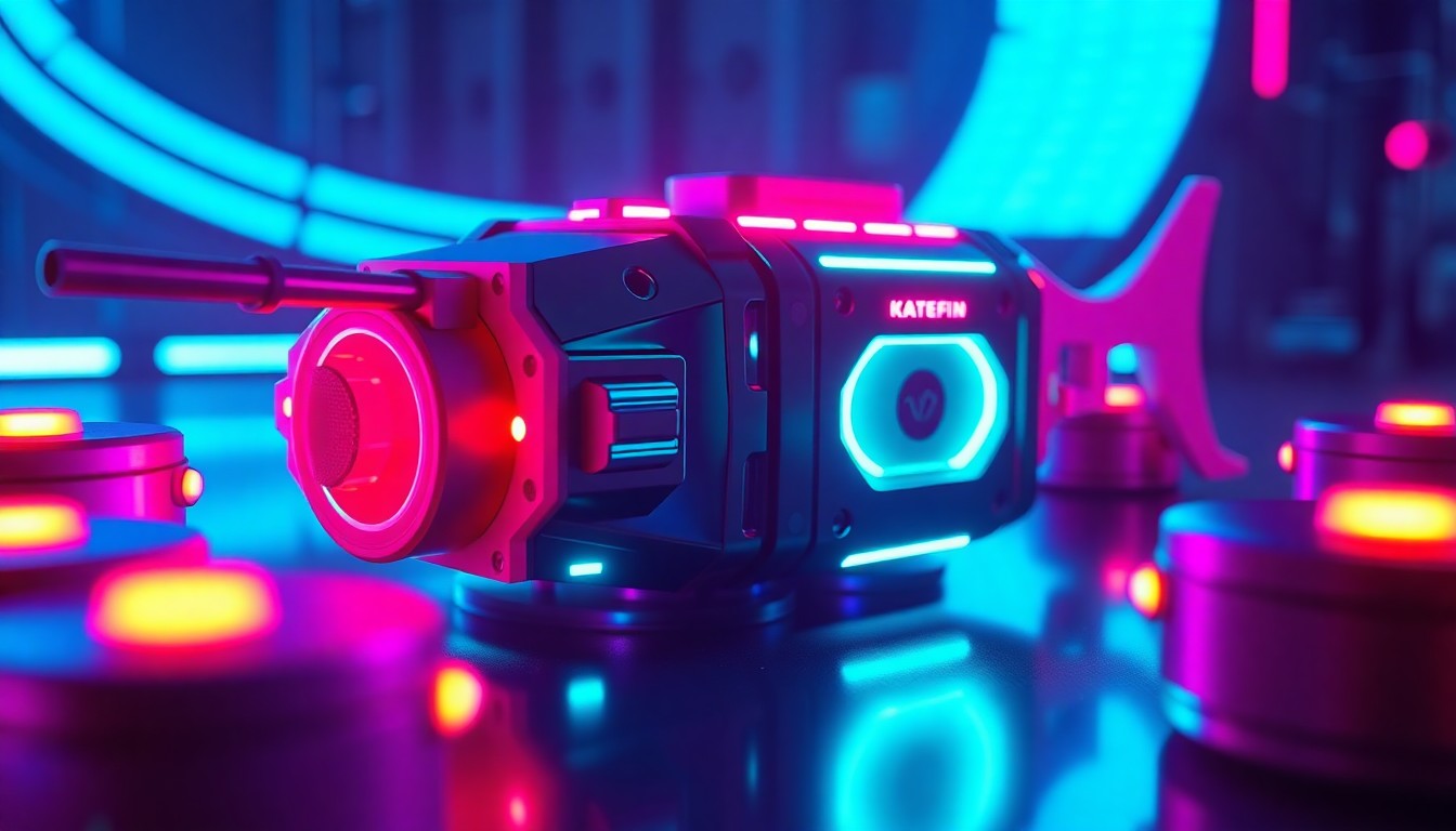 A highly detailed, 3D macro illustration of a Kraken Robotics KATFISH autonomous launch and recovery system, illuminated by vibrant neon lights. The image conceptually represents the company's innovative subsea technology.