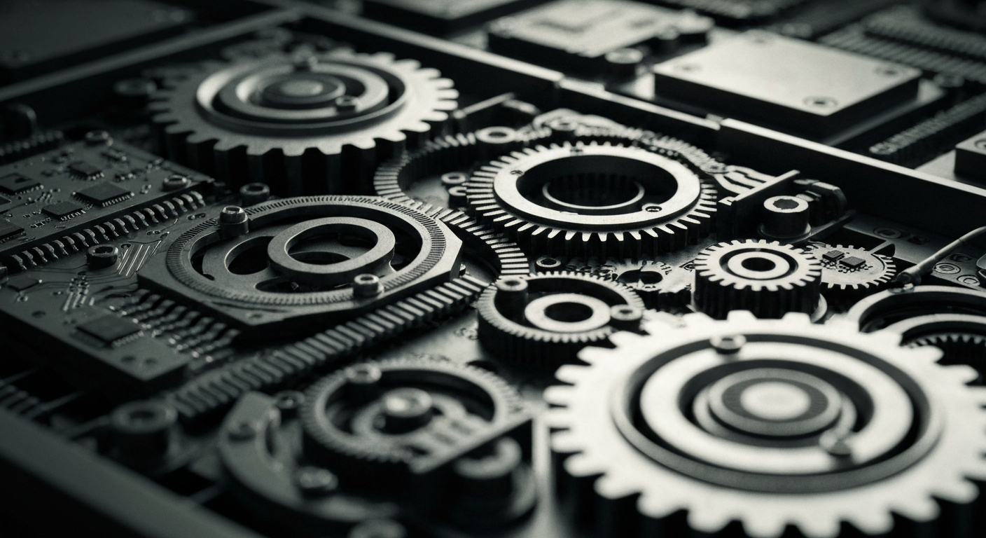 An extreme close-up of the complex, interconnected components that make up Fiserv's financial technology systems, conveying the company's role as a critical backbone of the modern financial industry.