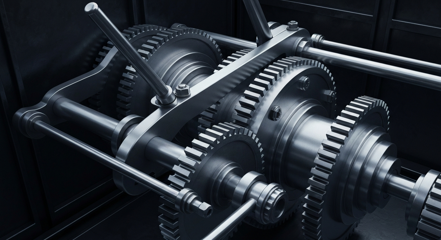 An extreme close-up of a shiny, heavy metal gear mechanism with cogs and levers, representing the complex financial infrastructure that underpins household debt.