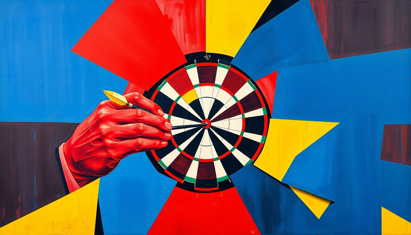 A fractured, multi-perspective painting in bold, geometric shapes and colors, depicting the dynamic movements and competitive spirit of a darts match.