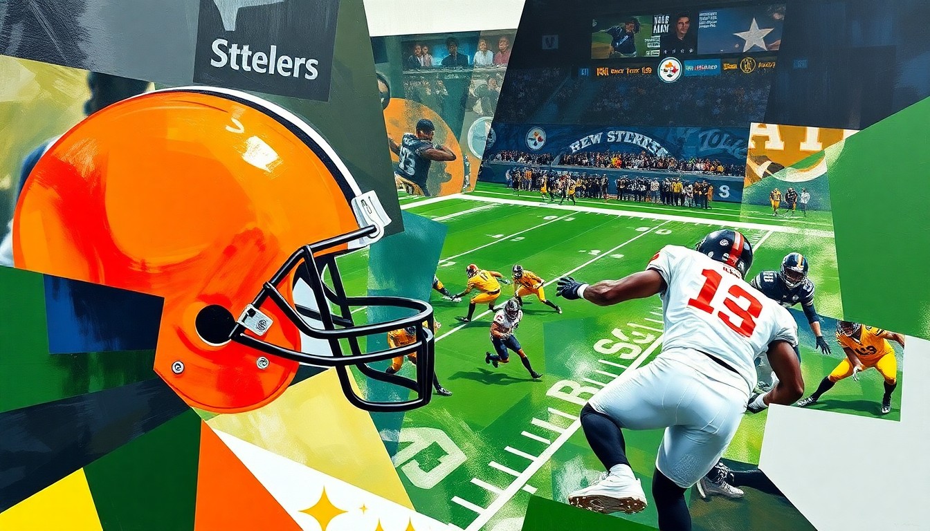 A fractured, multi-perspective painting depicting a football game between the Cleveland Browns and Pittsburgh Steelers. The players and field are broken down into sharp, overlapping geometric shapes and planes, capturing the intensity and physicality of the game.