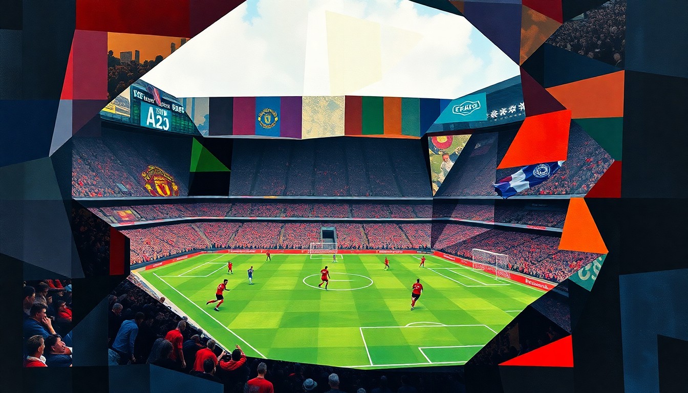 A cubist, geometric painting depicting a Manchester United football match, with the players and field broken down into abstract shapes and planes of color, capturing the intensity and dynamism of the game.