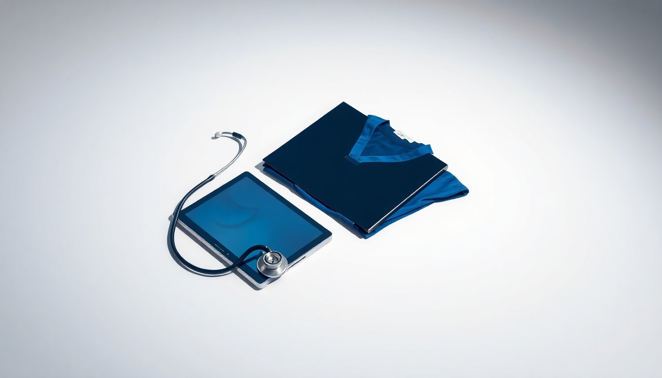 A high-end, photorealistic studio still-life photograph featuring a polished stethoscope, a tablet device, and a pair of medical scrubs arranged elegantly on a clean, white seamless background, conceptually representing the strategic leadership and operational oversight of a healthcare executive.