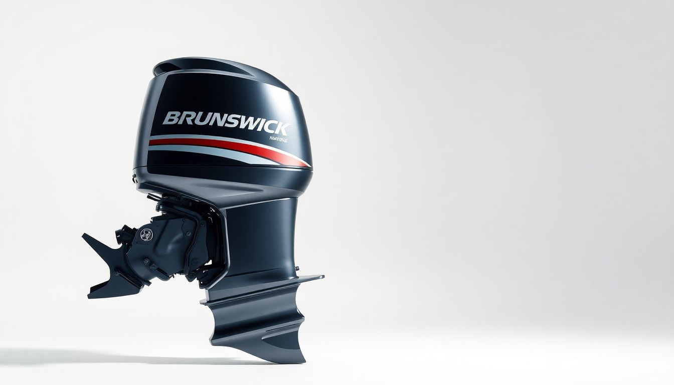 A photorealistic studio photograph of a shiny, chrome-finished outboard boat engine resting on a plain white background, conveying the precision and premium quality of Brunswick's marine products.