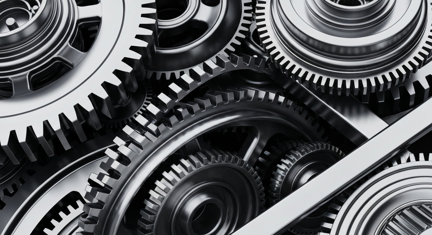 A highly detailed, cinematic close-up of complex, interlocking metal gears and machinery in shades of silver, steel, and black, conceptually representing the industrial might and financial security of a major corporation.