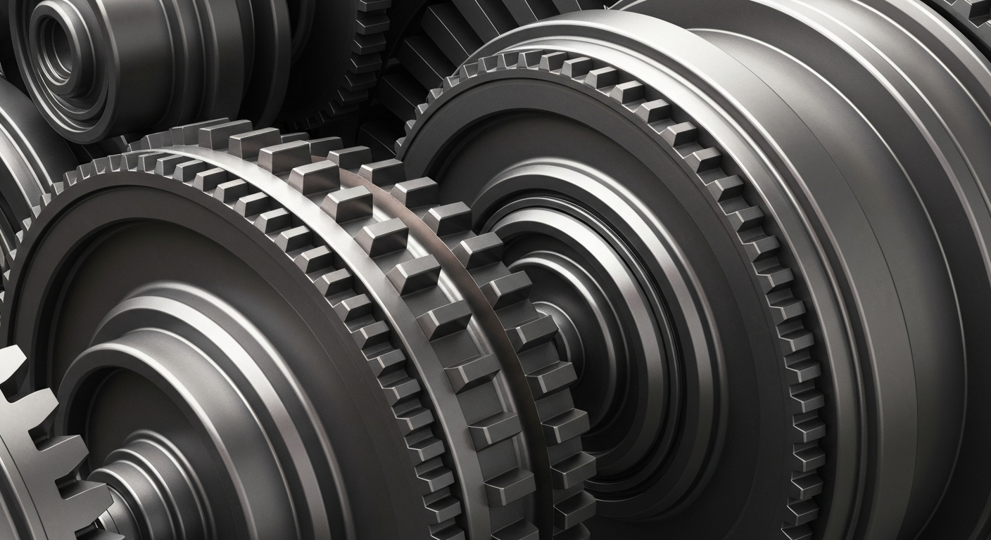 An extreme close-up of intricately engineered industrial machinery and gears, conveying the robust financial infrastructure and stability of a leading agricultural equipment manufacturer.