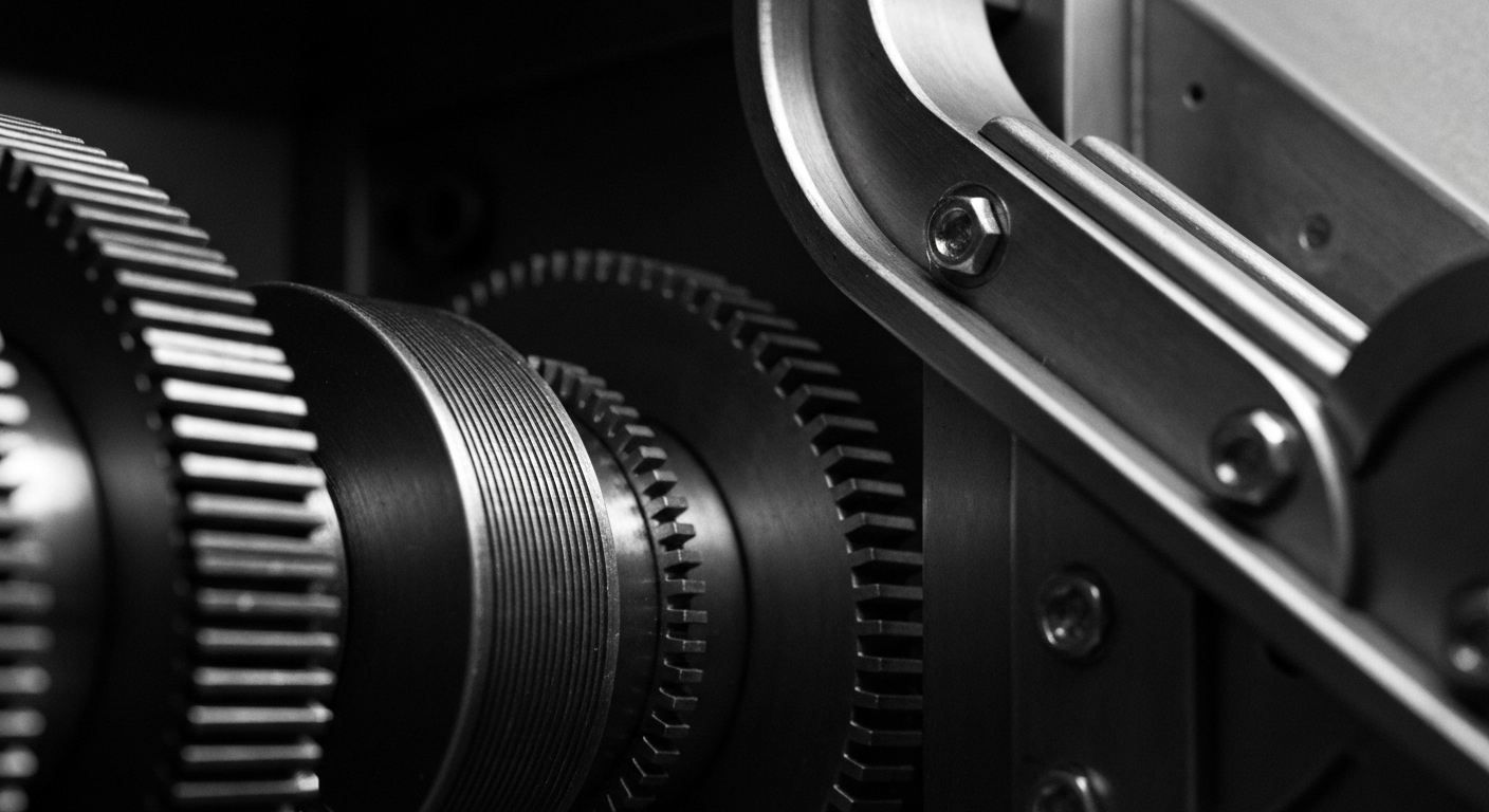A high-contrast, cinematic close-up image of the heavy, industrial machinery and mechanisms that make up the secure vaults and systems of a major financial institution, conveying a sense of the tangible, physical nature of secure banking and wealth storage.