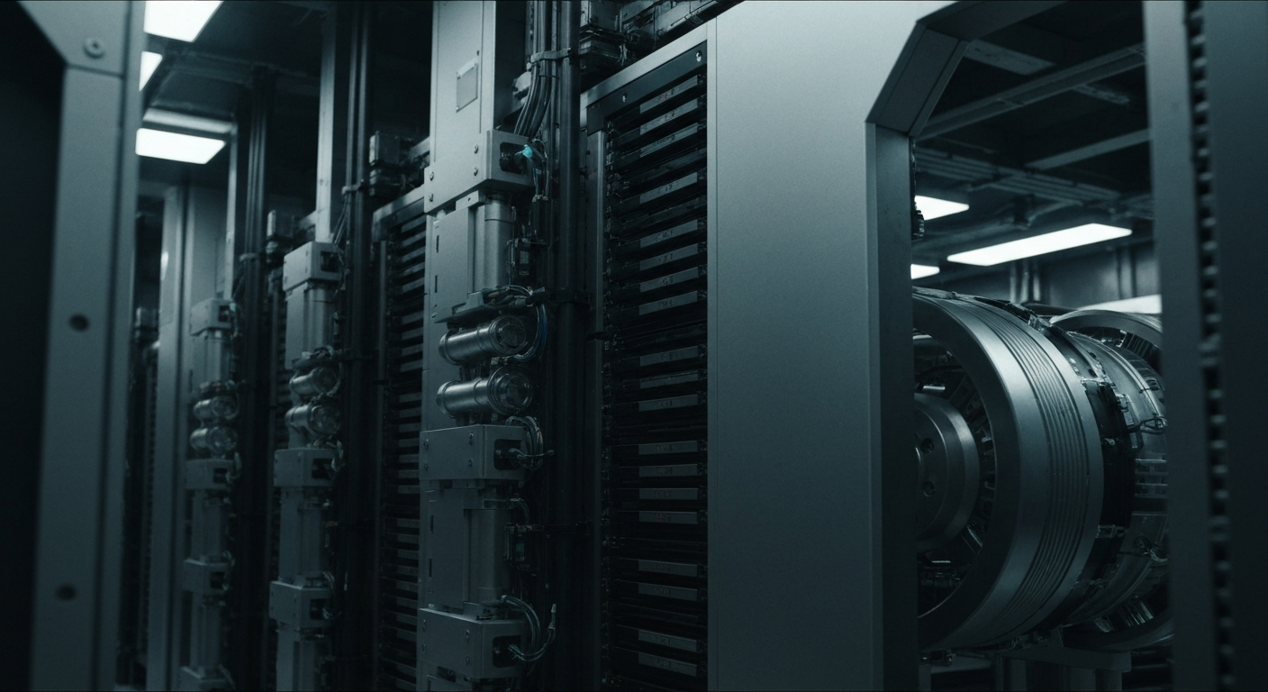 An extreme close-up of the intricate, metallic components and cabling that make up the secure data infrastructure of a major financial institution, conveying a sense of the scale and complexity of modern banking technology.