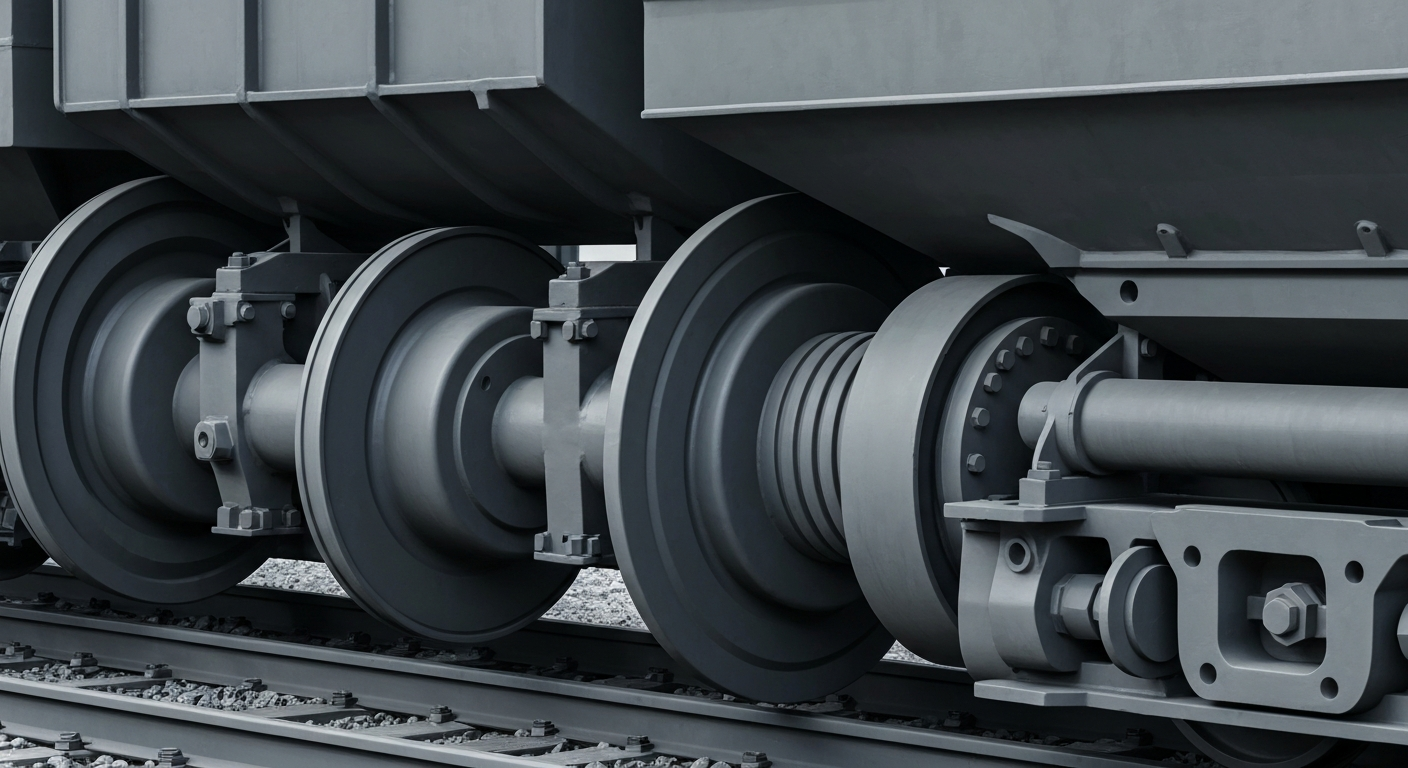 An extreme close-up of industrial rail machinery and equipment in shades of steel gray, charcoal, and gunmetal, conceptually representing the physical power and infrastructure of the freight rail industry.