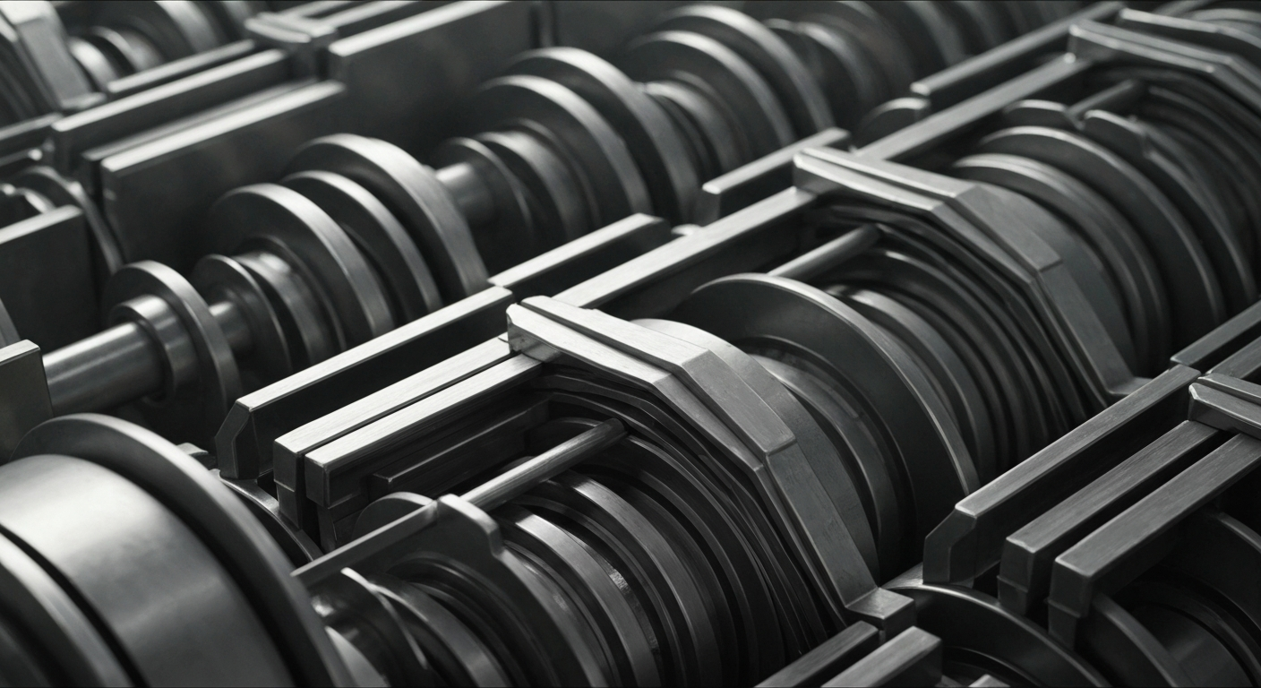 An extreme close-up of complex, industrial-looking banking machinery and equipment, conveying the idea of institutional financial backing and power without using any literal financial symbols or imagery.