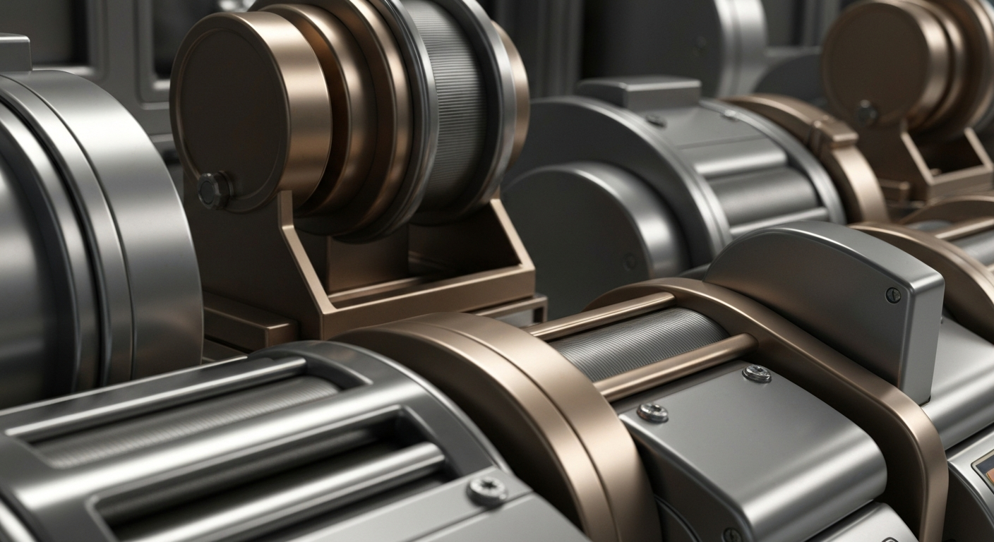 A dramatic, high-contrast close-up of gleaming, intricate banking machinery and equipment, conveying a sense of institutional financial power and security without using literal currency or charts.