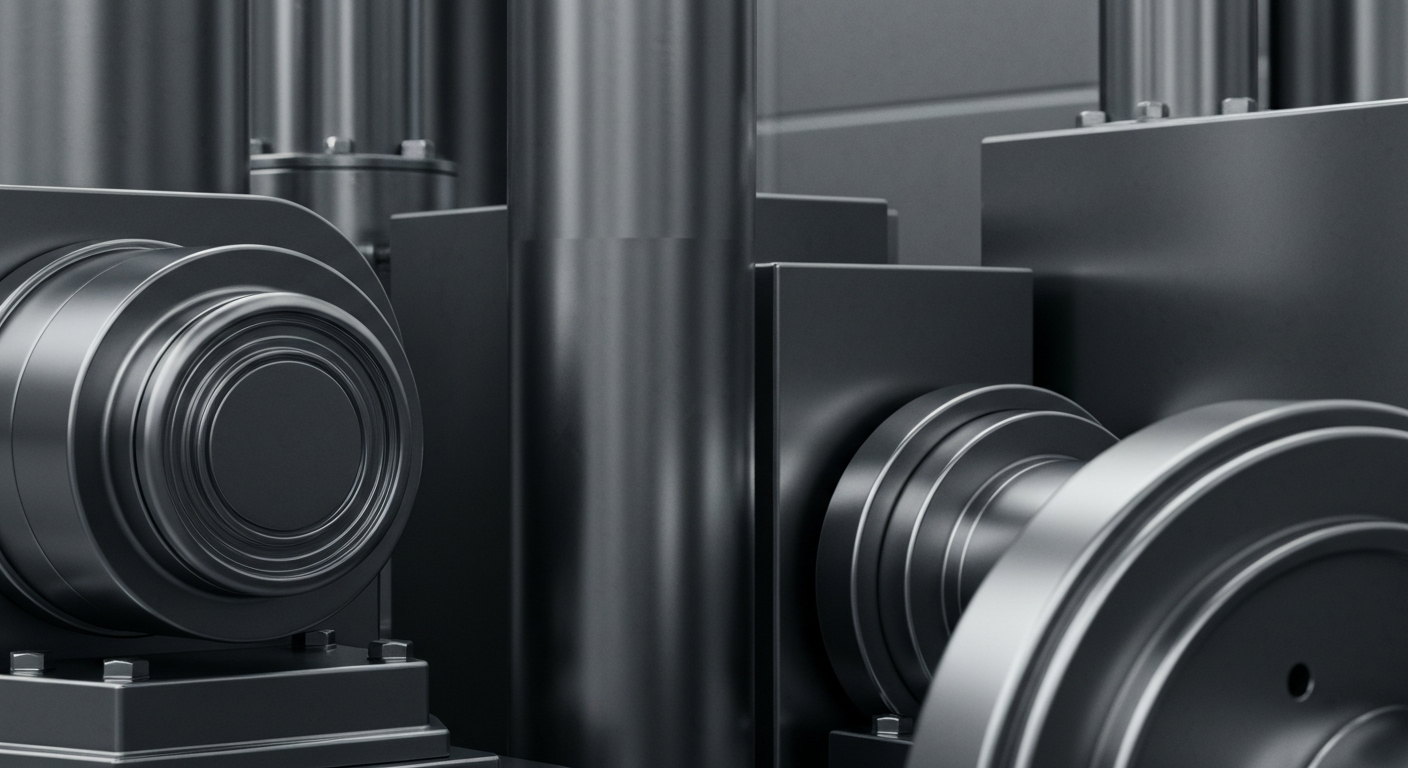 An extreme close-up of gleaming, heavy industrial machinery and equipment, conveying the physical and financial power behind the industrial supply industry without using any literal currency or financial symbols.