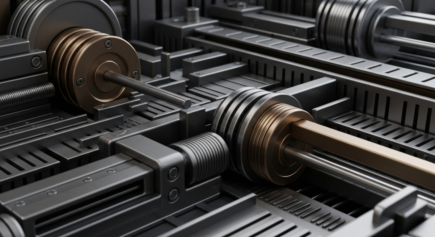 An extreme close-up of heavy, industrial banking machinery and financial instruments in shades of steel grey, bronze, and chrome, conveying a sense of institutional power and economic security without using literal currency or charts.