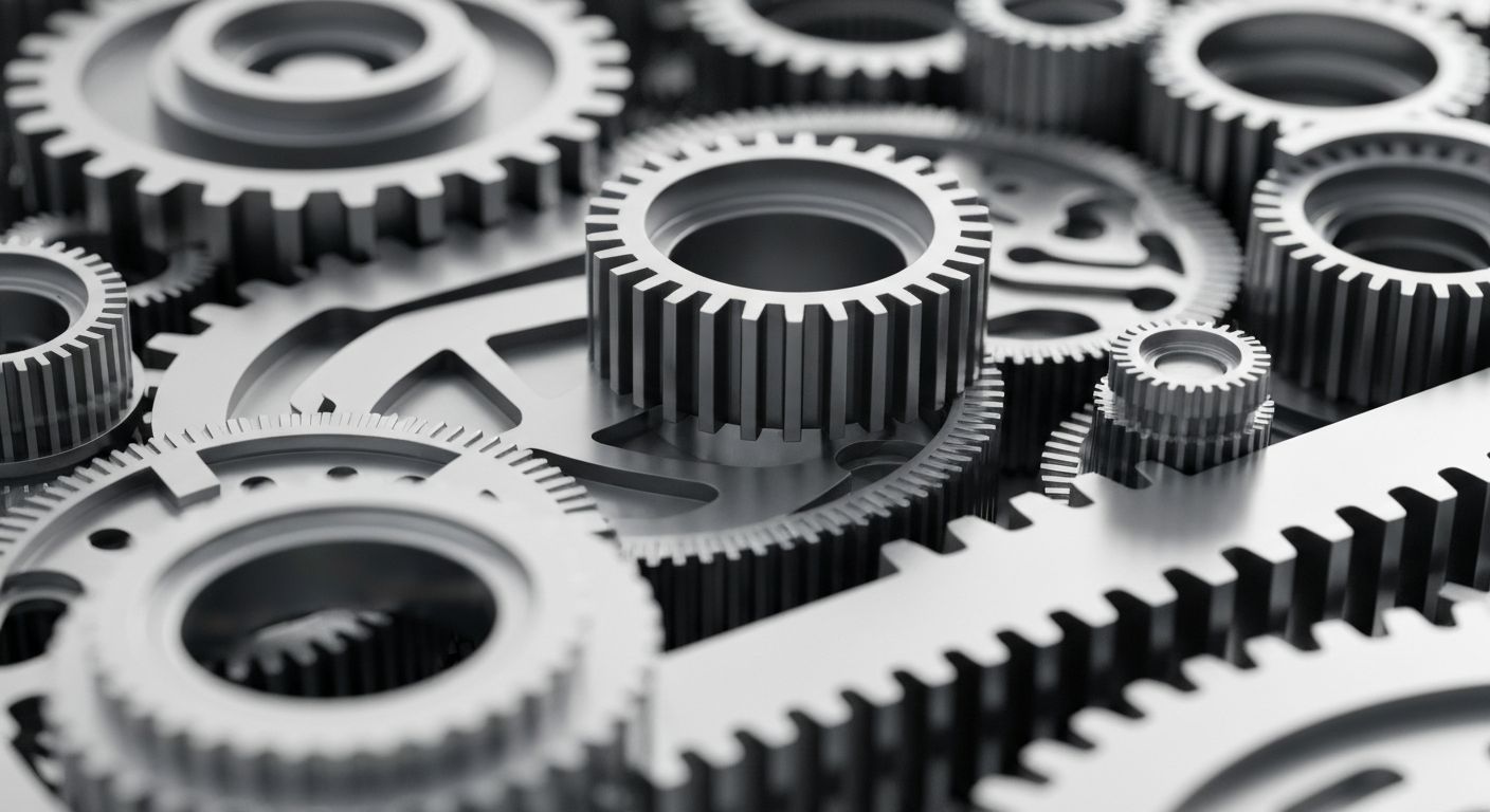 An extreme close-up of heavy, tangible banking mechanics and objects in shades of steel grey and silver, representing the complex financial infrastructure and power management systems of a leading semiconductor company.