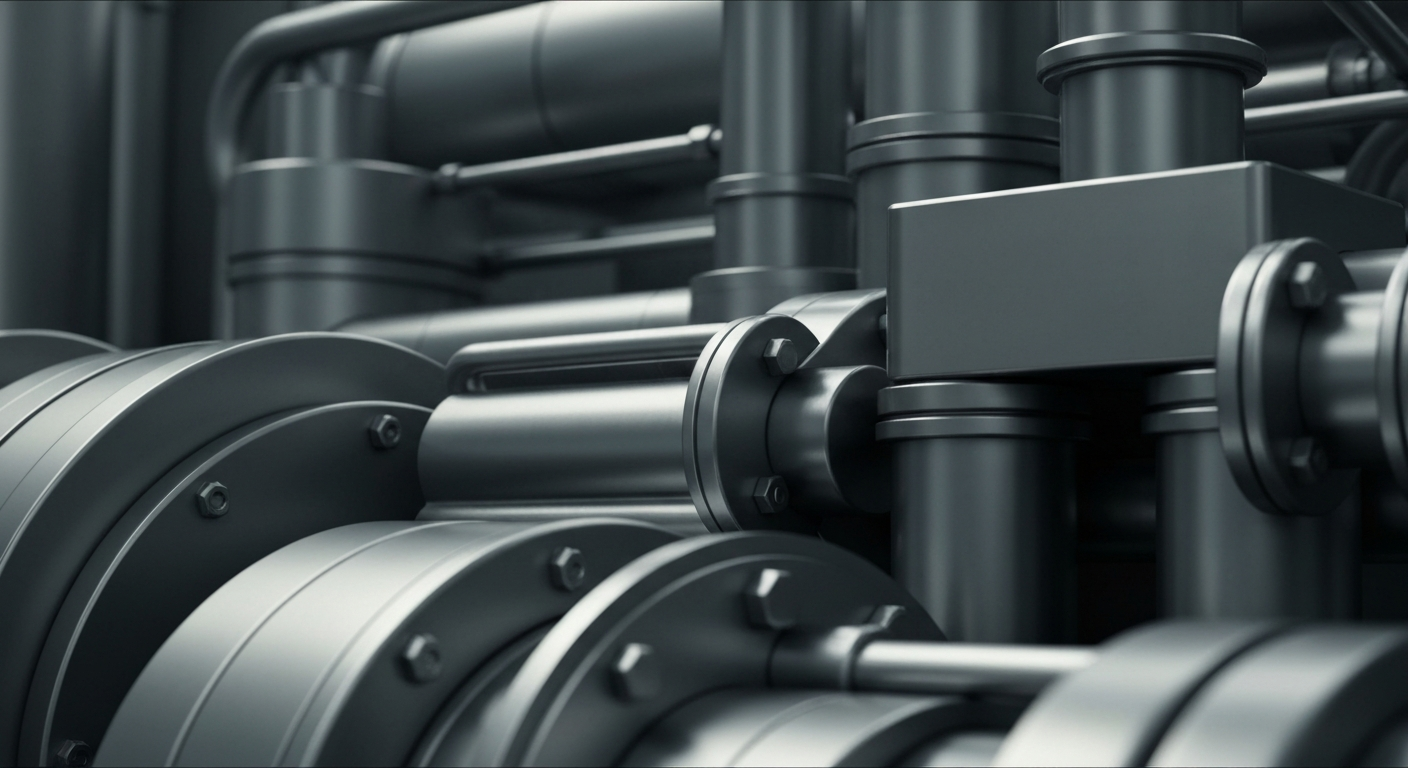 An extreme close-up of heavy, textured industrial machinery and equipment in muted tones of steel grey, conceptually representing the tangible financial infrastructure and institutional wealth behind the Sherwin-Williams company.