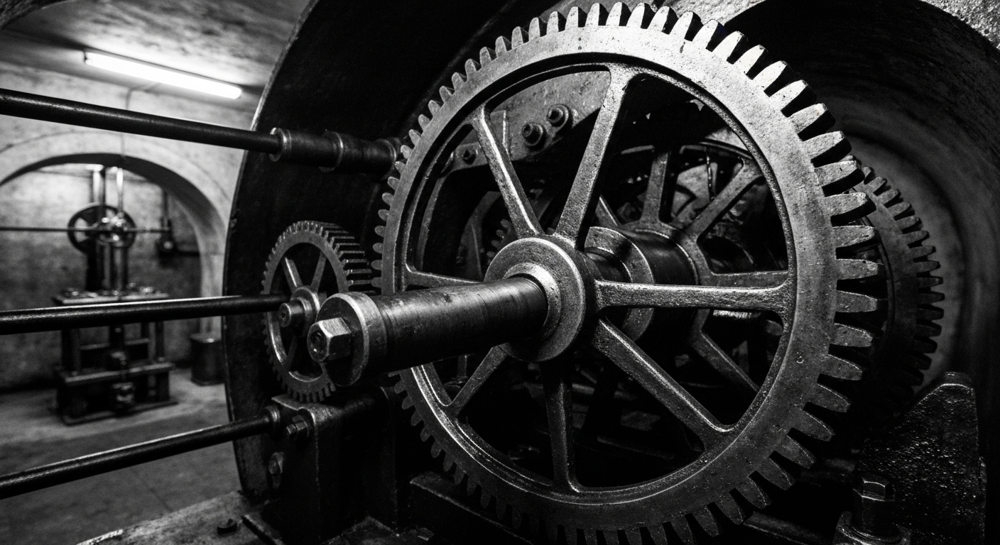 An extreme close-up of the heavy, industrial machinery and mechanisms of a banking vault, conveying the tangible, secure nature of institutional investment in Netflix.