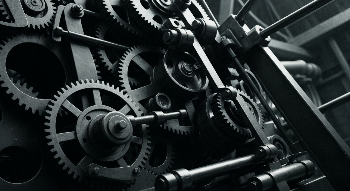 A highly detailed, black-and-white close-up image of the complex mechanical components that power CME Group's financial exchanges, conceptually representing the company's role as a foundational piece of global market infrastructure.