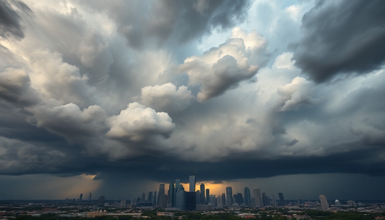 A sweeping, atmospheric landscape painting in muted tones of grey, blue, and yellow, depicting a dramatic, stormy sky over the distant Houston skyline. The city's buildings are dwarfed by the overwhelming scale of the turbulent, cloudy conditions, conveying the raw power of the weather.