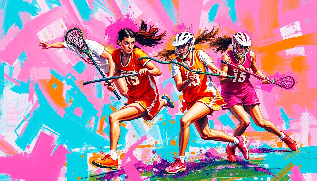 An abstract, energetic painting in vibrant brushstrokes of pink, orange, and teal, capturing the dynamic motion and competitive spirit of a women's lacrosse match.