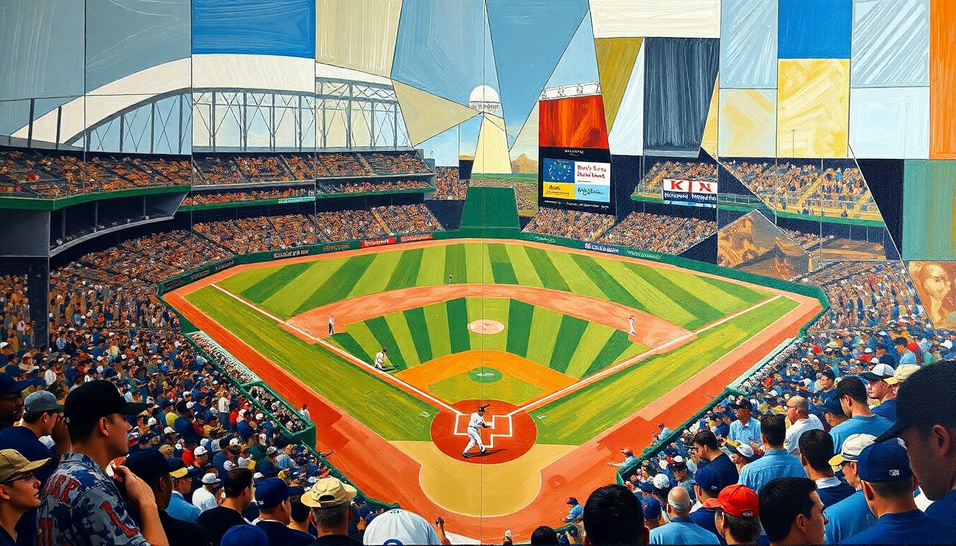 A cubist, fragmented painting depicting the dynamic action of a baseball game, with players and the field broken down into sharp, overlapping geometric shapes and planes of color.