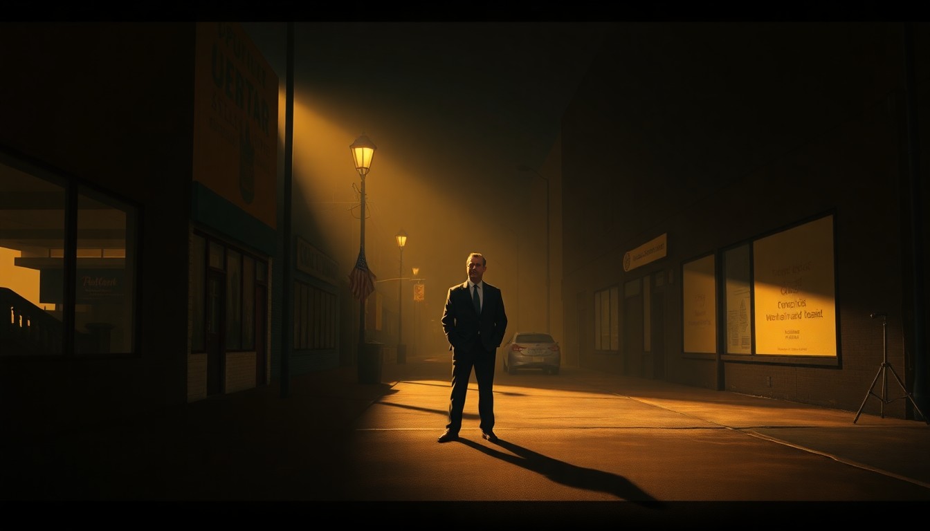 A cinematic painting of a solitary political figure standing alone in a dimly lit urban setting, with warm sunlight and deep shadows creating a contemplative, nostalgic mood.