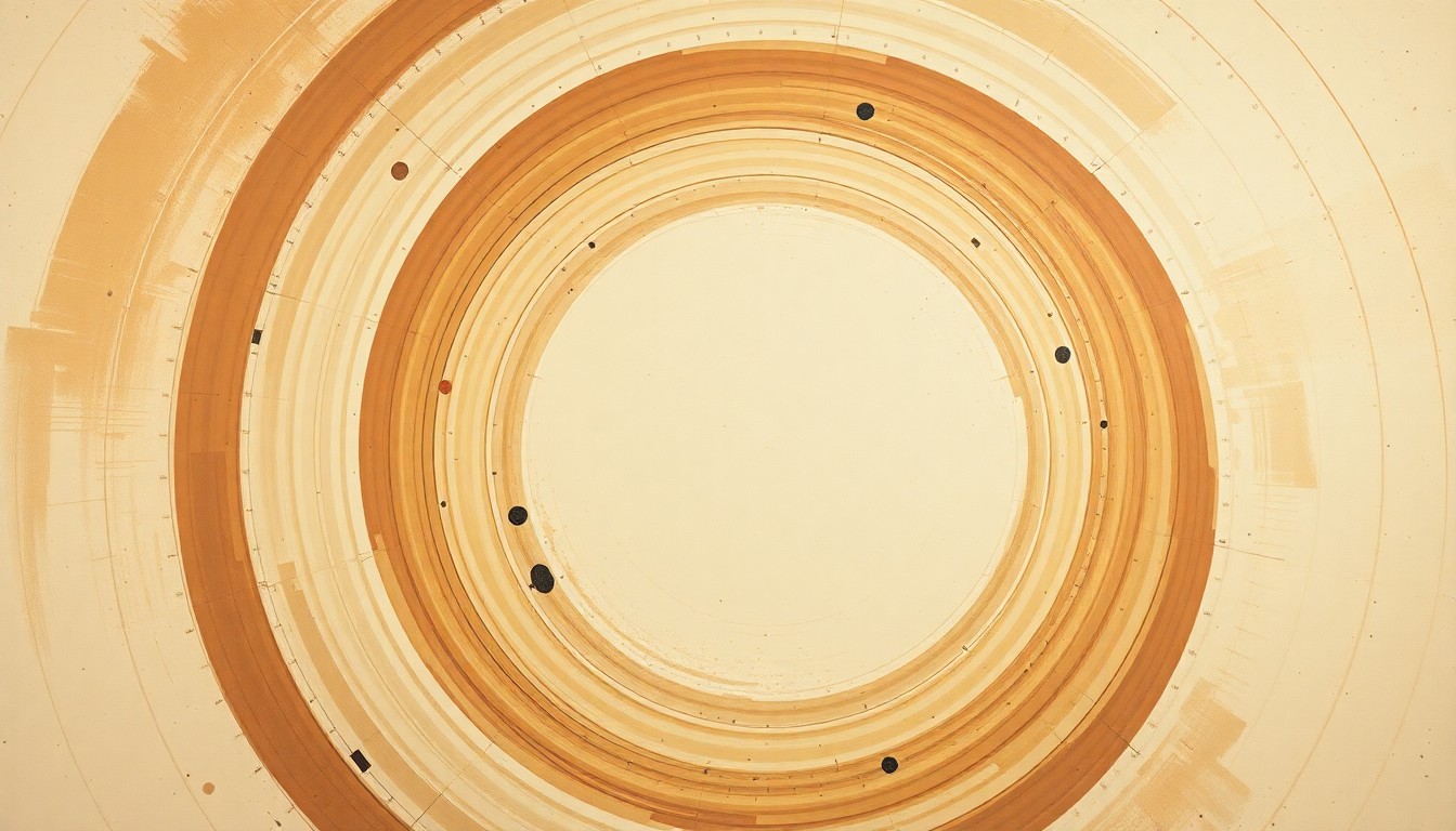 A bold, abstract painting featuring sweeping geometric arcs, concentric circles, and precise spirals in earthy tones, conceptually representing the historic first manned spaceflight and the structural order of the universe.