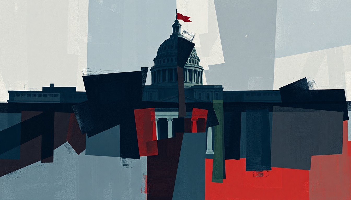 A fractured, abstract painting in shades of blue, grey, and red, depicting a stylized government building or political symbol in overlapping, geometric waves, conveying the complex and contentious debate surrounding the surveillance program.