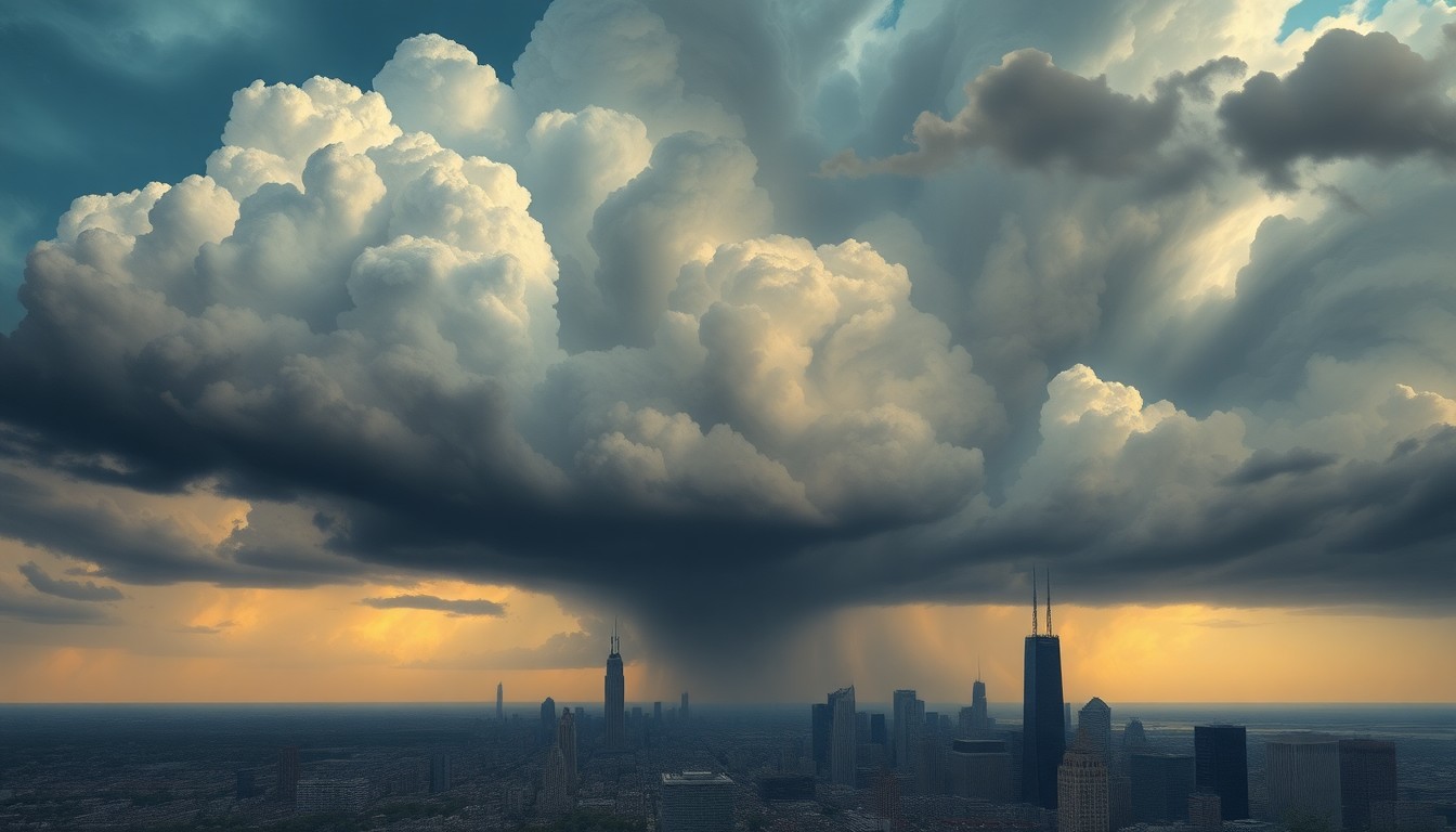 A vast, atmospheric landscape painting in muted tones of gray, blue, and gold, depicting a dramatic sky filled with towering clouds over the silhouetted skyline of Chicago. The cityscape is dwarfed by the scale and power of the natural elements, conveying the sublime force of the approaching storm.