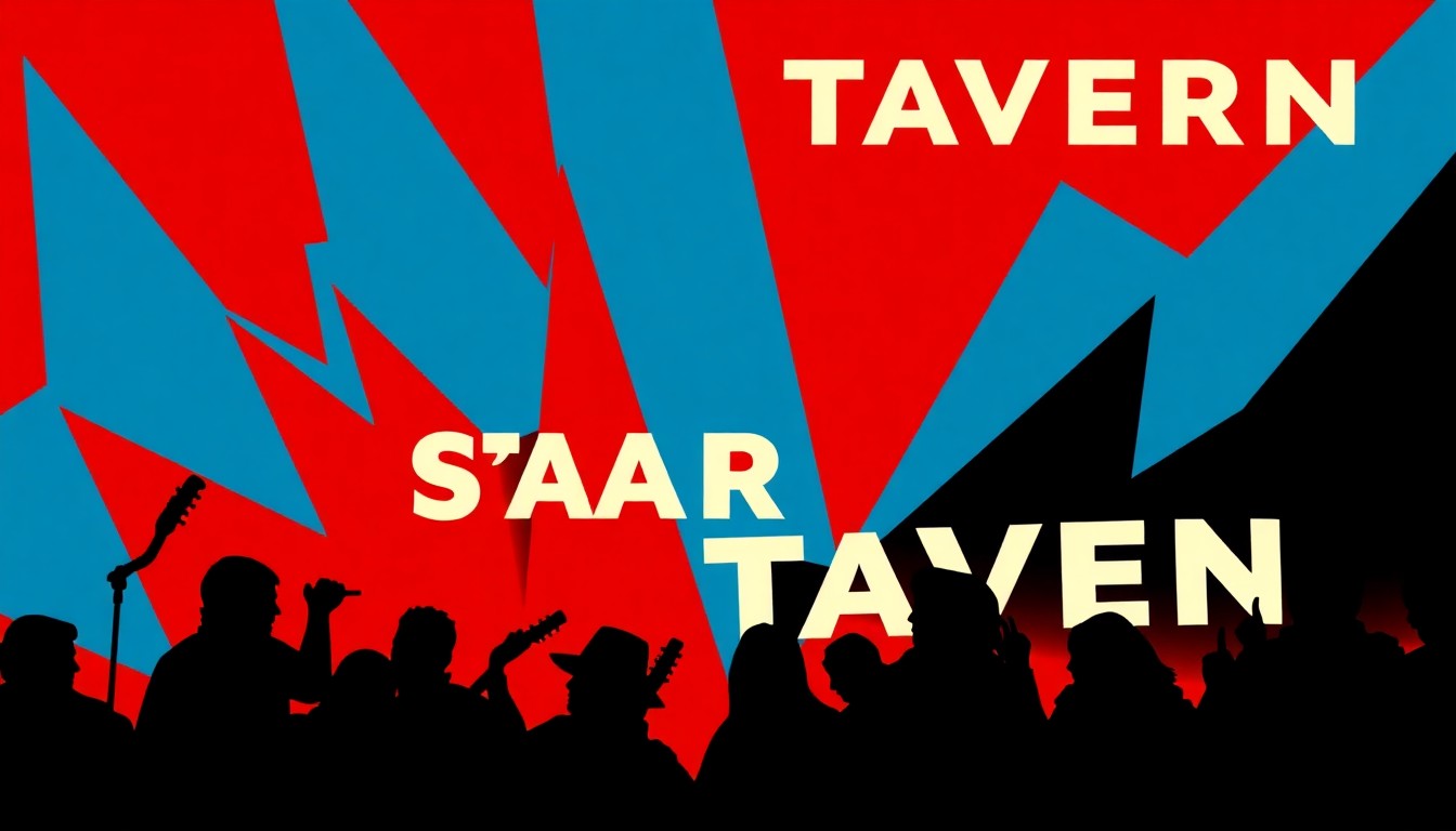 A striking abstract composition of angular, overlapping shapes in shades of blue, red, and black, conveying the vibrant energy and diverse musical offerings of the Star Tavern music venue.