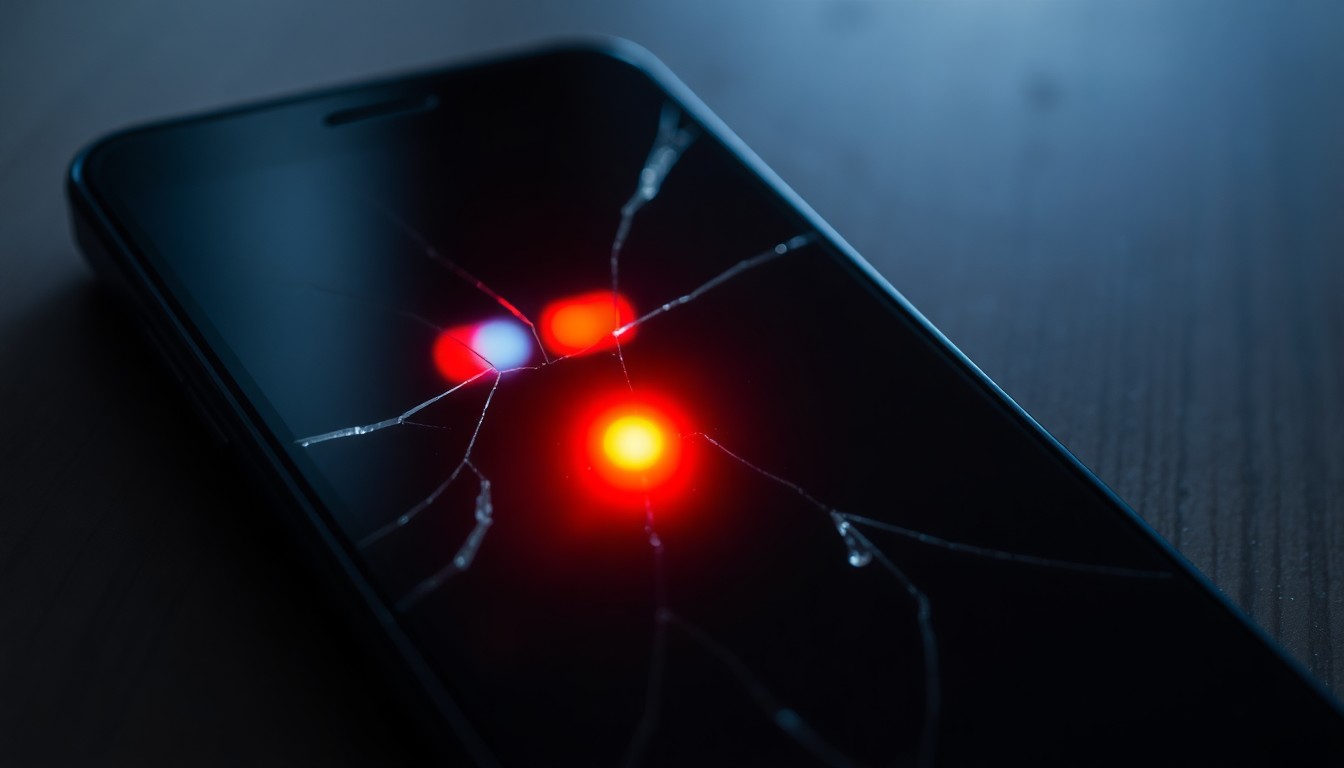 An extreme close-up photograph of a cracked smartphone screen reflecting a faint police siren light, conveying the aftermath of a violent domestic incident through dramatic lighting and texture.