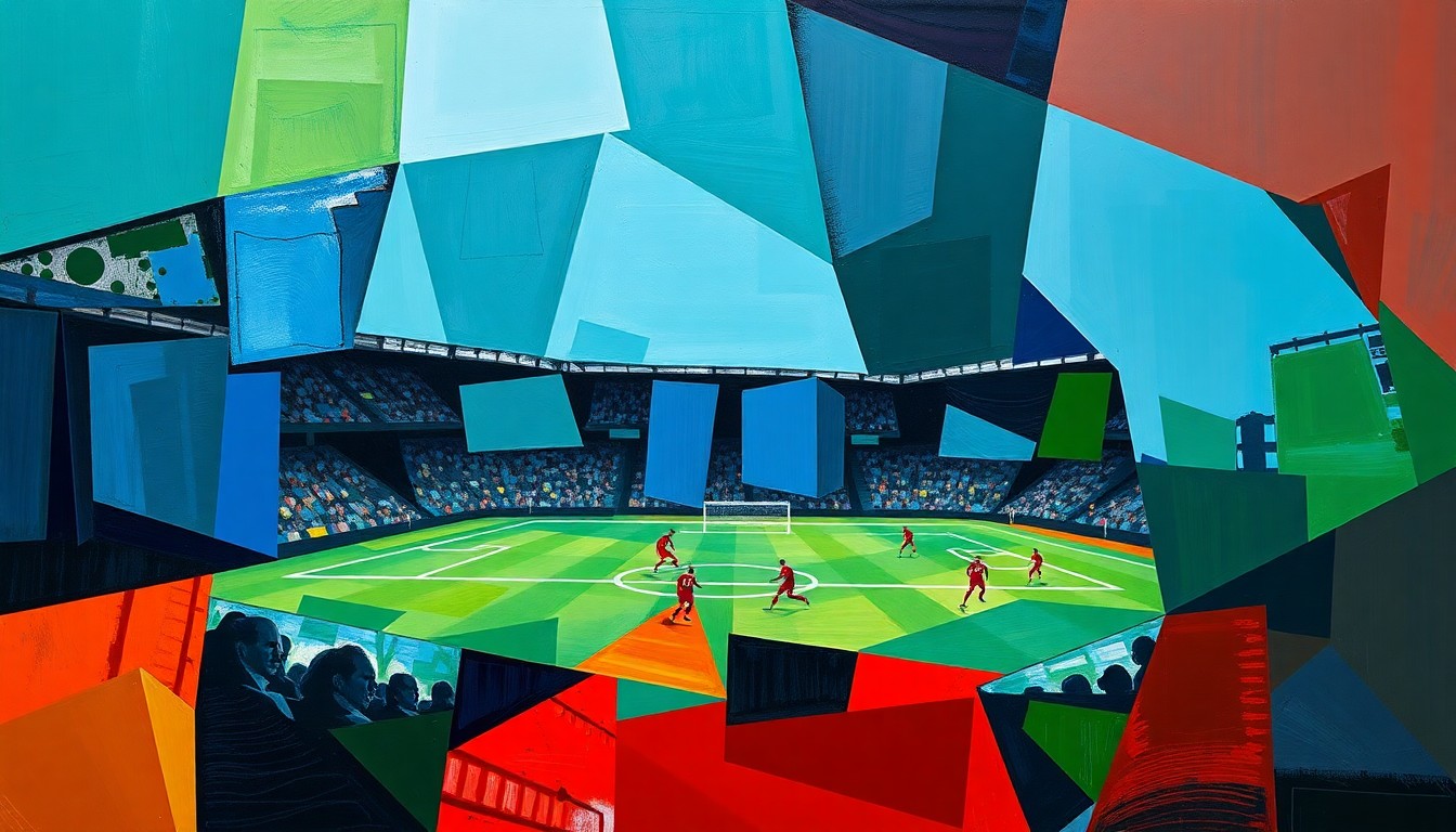 A fragmented, cubist-style painting depicting a professional soccer match, with the players and field broken down into sharp, overlapping geometric shapes in a palette of deep blues, greens, and reds, conveying the intense physical and mental strain of the sport.