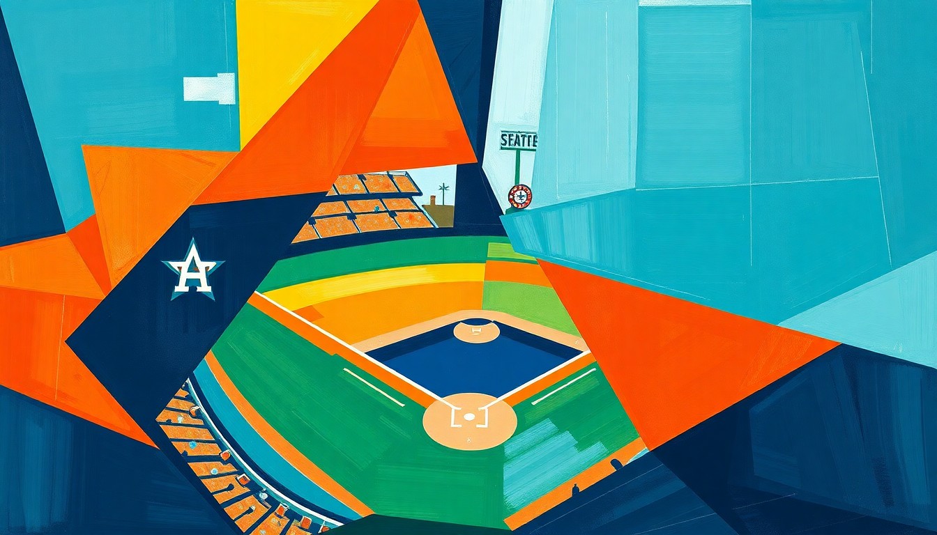 A fragmented, geometric painting depicting a baseball game between the Houston Astros and Seattle Mariners, with dynamic shapes and overlapping planes representing the intense competition on the field.