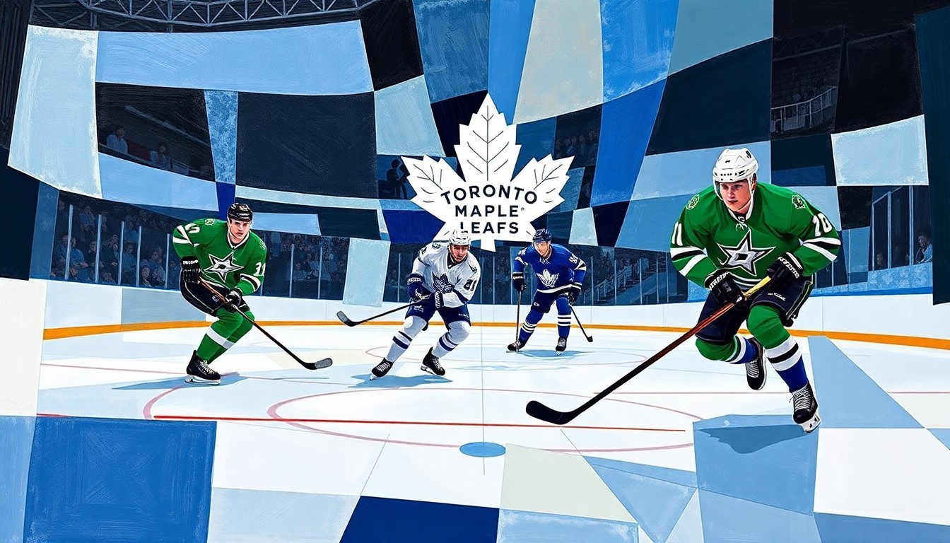 A cubist-style painting featuring overlapping geometric shapes in the official team colors of the Toronto Maple Leafs and Dallas Stars, representing the motion and action of a hockey game between the two clubs.