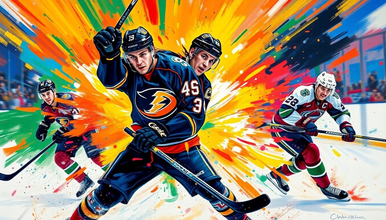 An extreme close-up of a hockey player in mid-shot, surrounded by a vibrant, expressionist swirl of neon colors and rapid brushstrokes, capturing the raw energy and dynamism of the game.