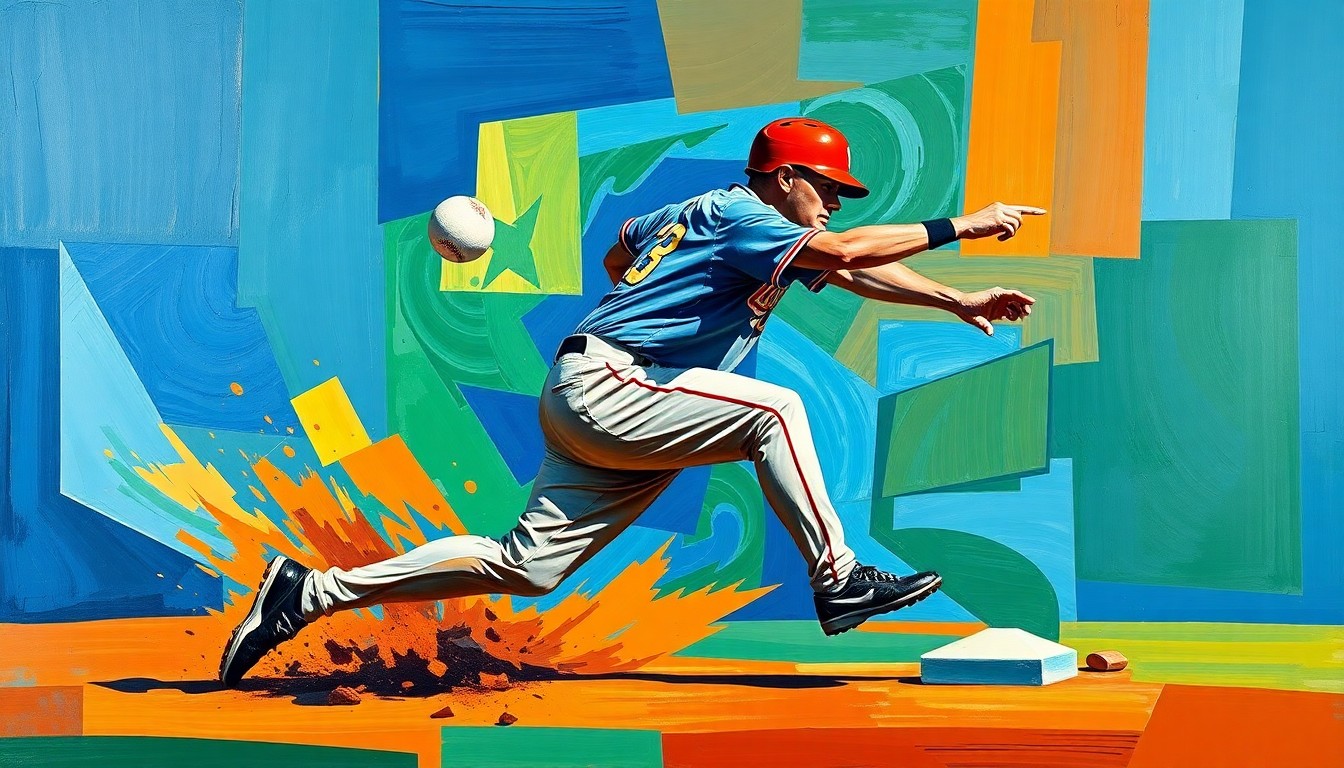 A fragmented, geometric painting in bold colors showing a baseball player sliding into second base, the scene broken down into sharp, overlapping planes to create a dynamic, abstract representation of the play.